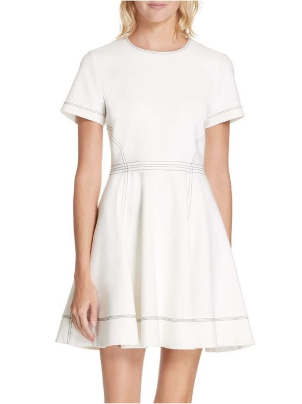 Cinq a Sept White Short Sleeve Fit-and-Flare Dress with Contrast Stitching